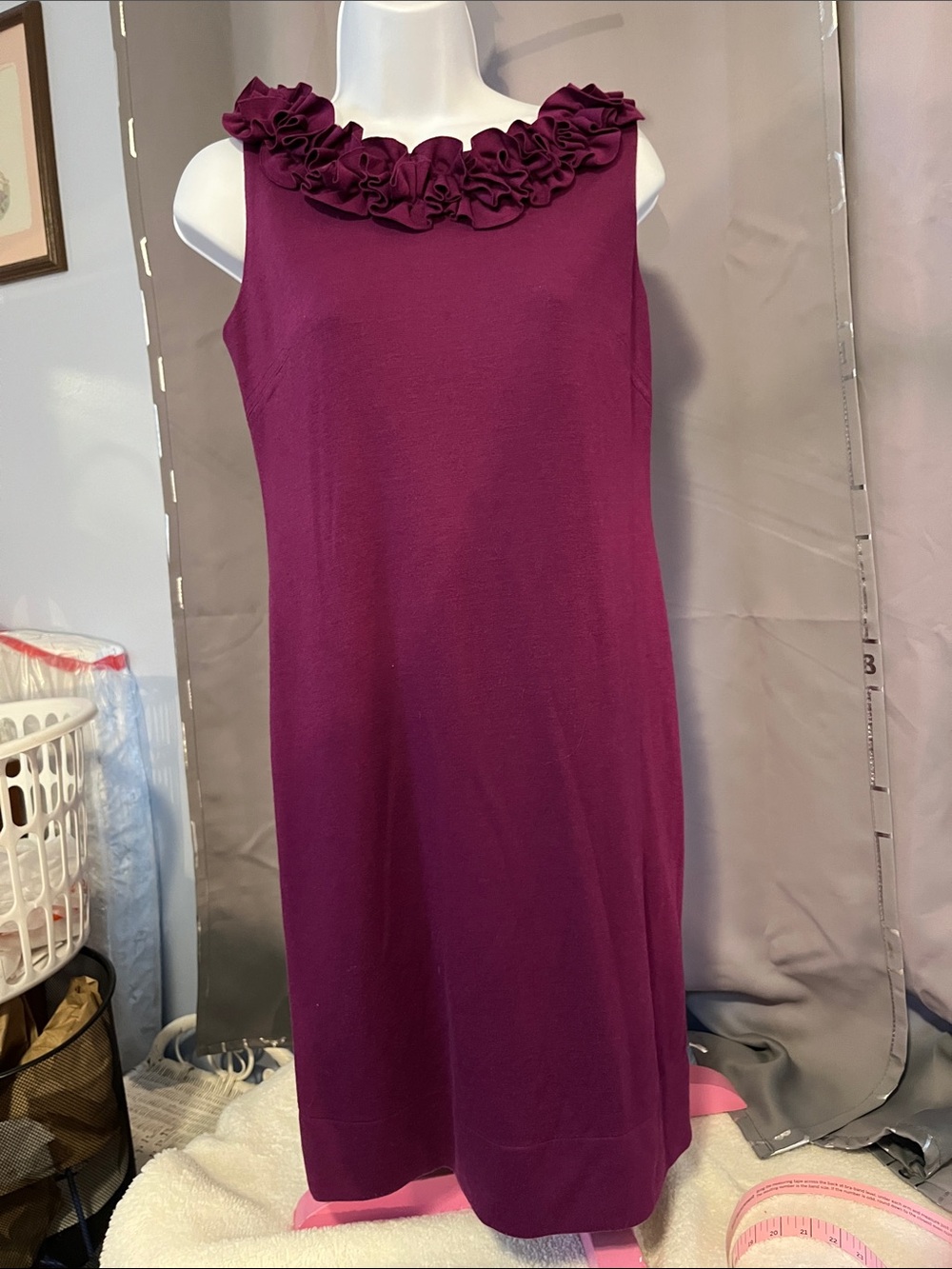 Just...Taylor Ruffle-Neck Sleeveless Shift Dress in Plum